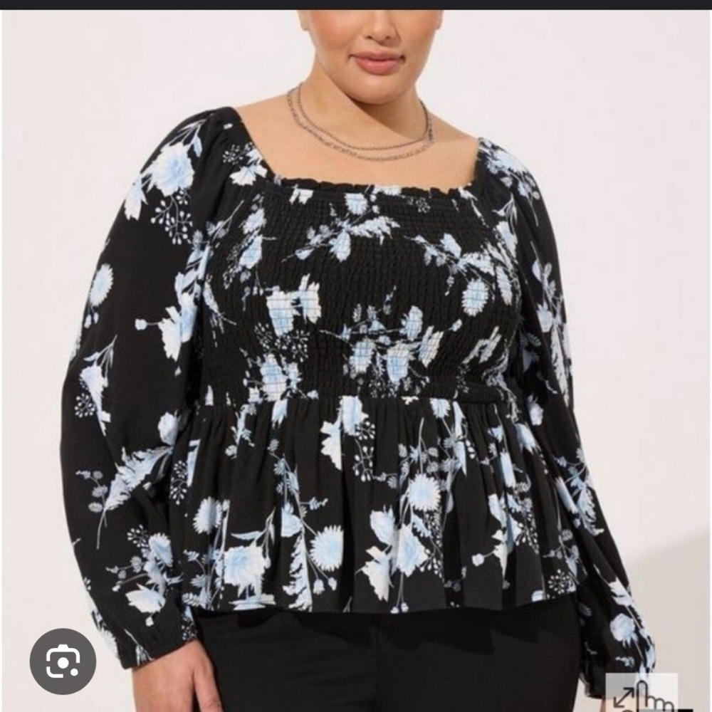 Torrid Black Blue Floral Smocked Babydoll Long Sleeve Blouse Top